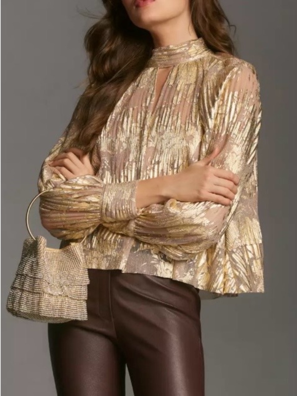 Maeve Metallic Gold Plisse
High-Neck Blouse, Size XL Boho Anthropologie
